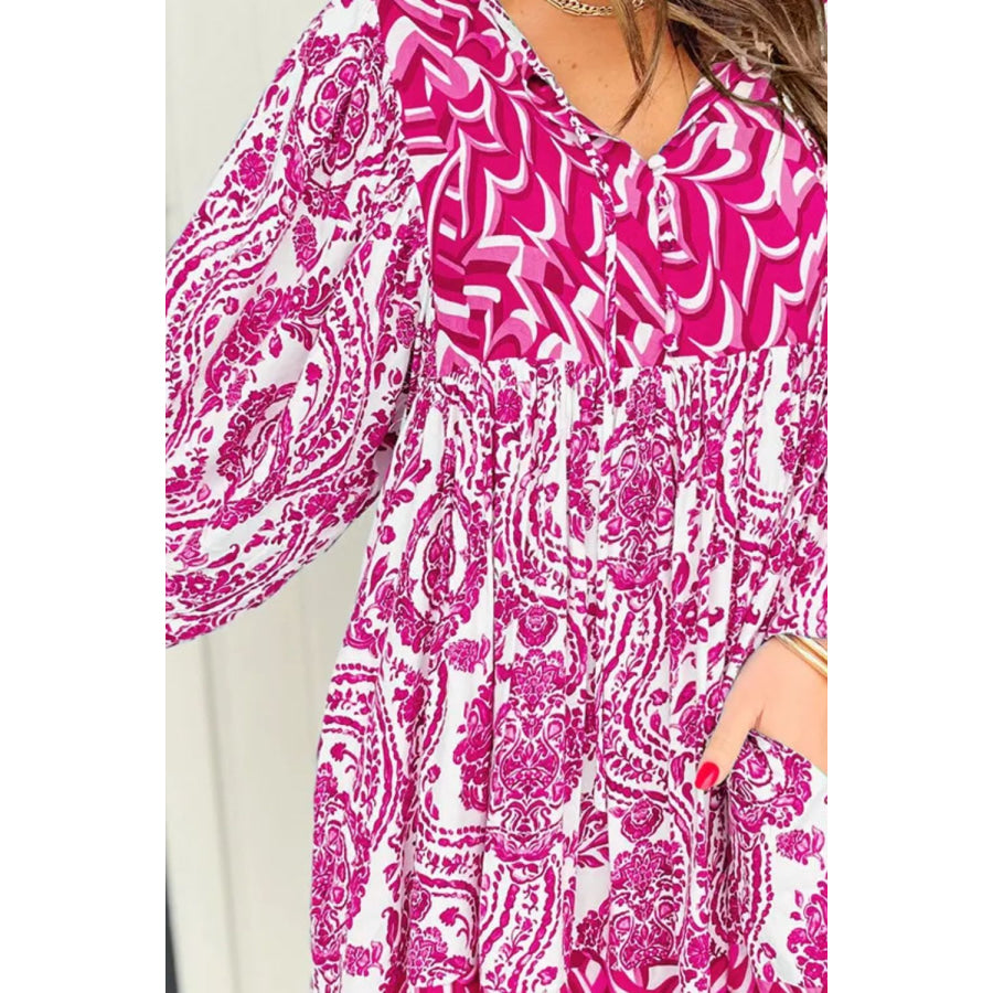 Printed Tie Neck Long Sleeve Mini Dress Apparel and Accessories