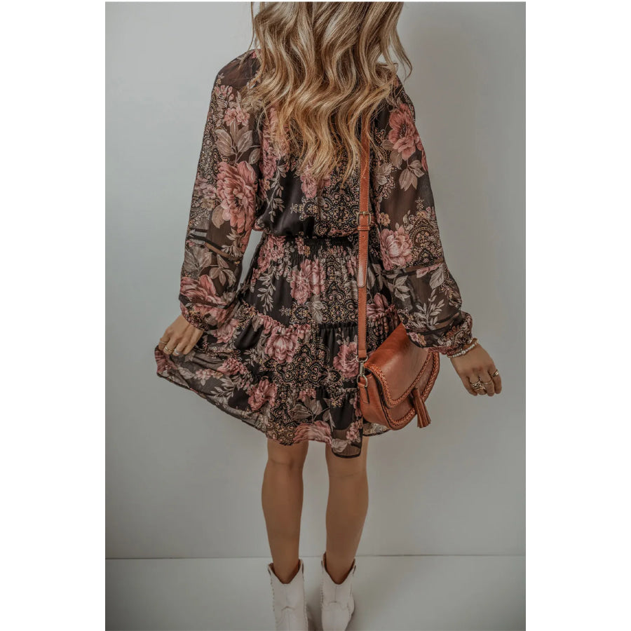 Printed Tie Neck Long Sleeve Mini Dress Apparel and Accessories