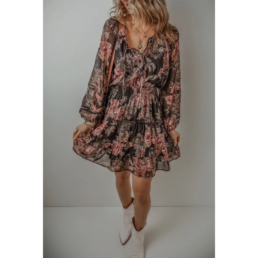 Printed Tie Neck Long Sleeve Mini Dress Apparel and Accessories