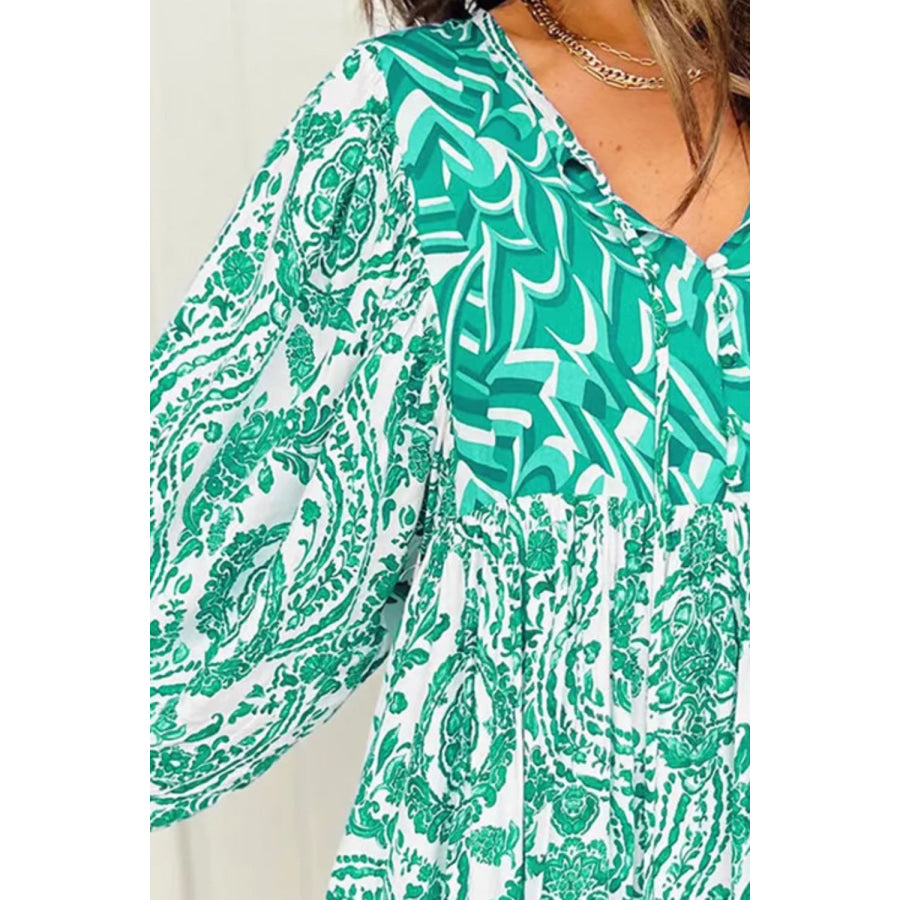 Printed Tie Neck Long Sleeve Mini Dress Apparel and Accessories