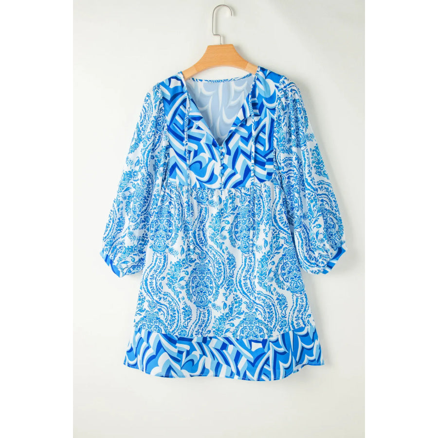 Printed Tie Neck Long Sleeve Mini Dress Apparel and Accessories