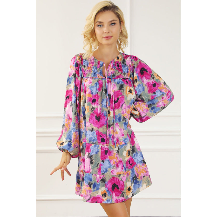 Printed Tie Neck Long Sleeve Mini Dress Apparel and Accessories