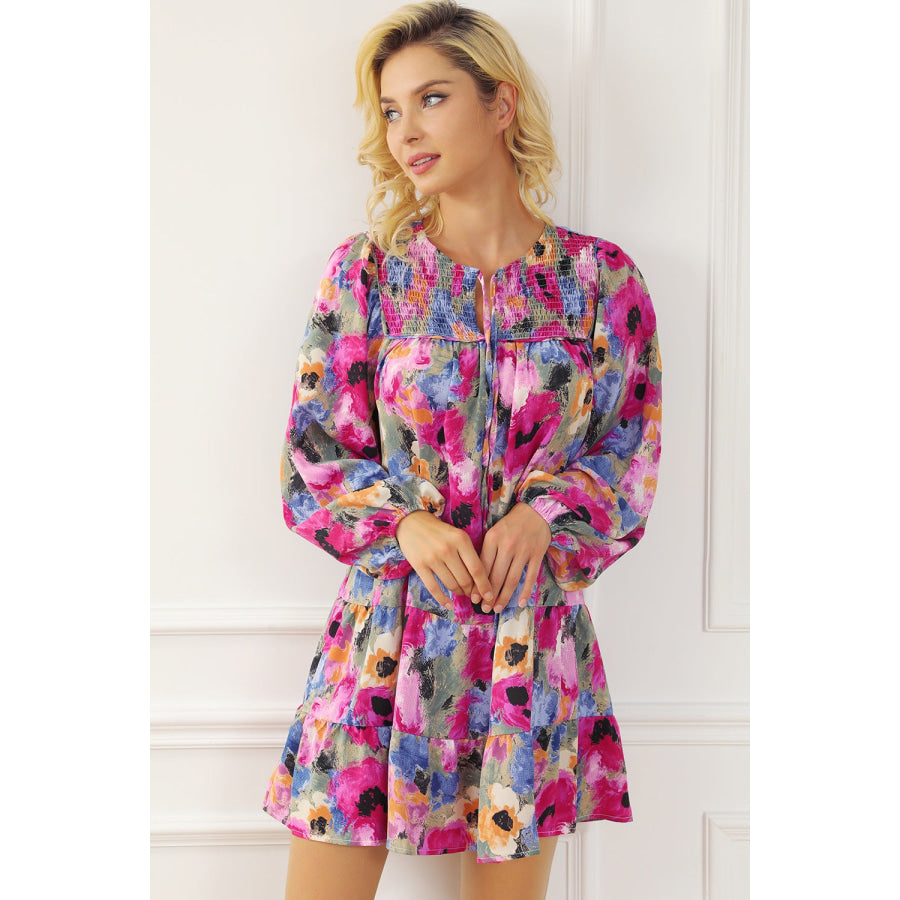 Printed Tie Neck Long Sleeve Mini Dress Apparel and Accessories