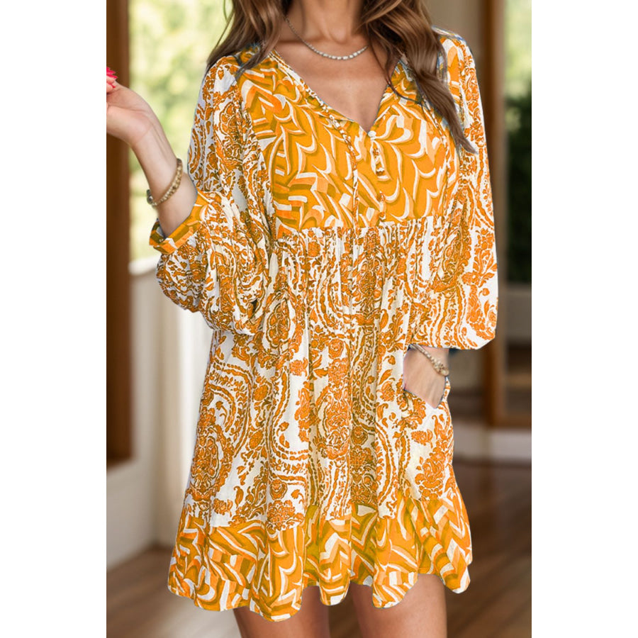 Printed Tie Neck Long Sleeve Mini Dress Gold / L Apparel and Accessories