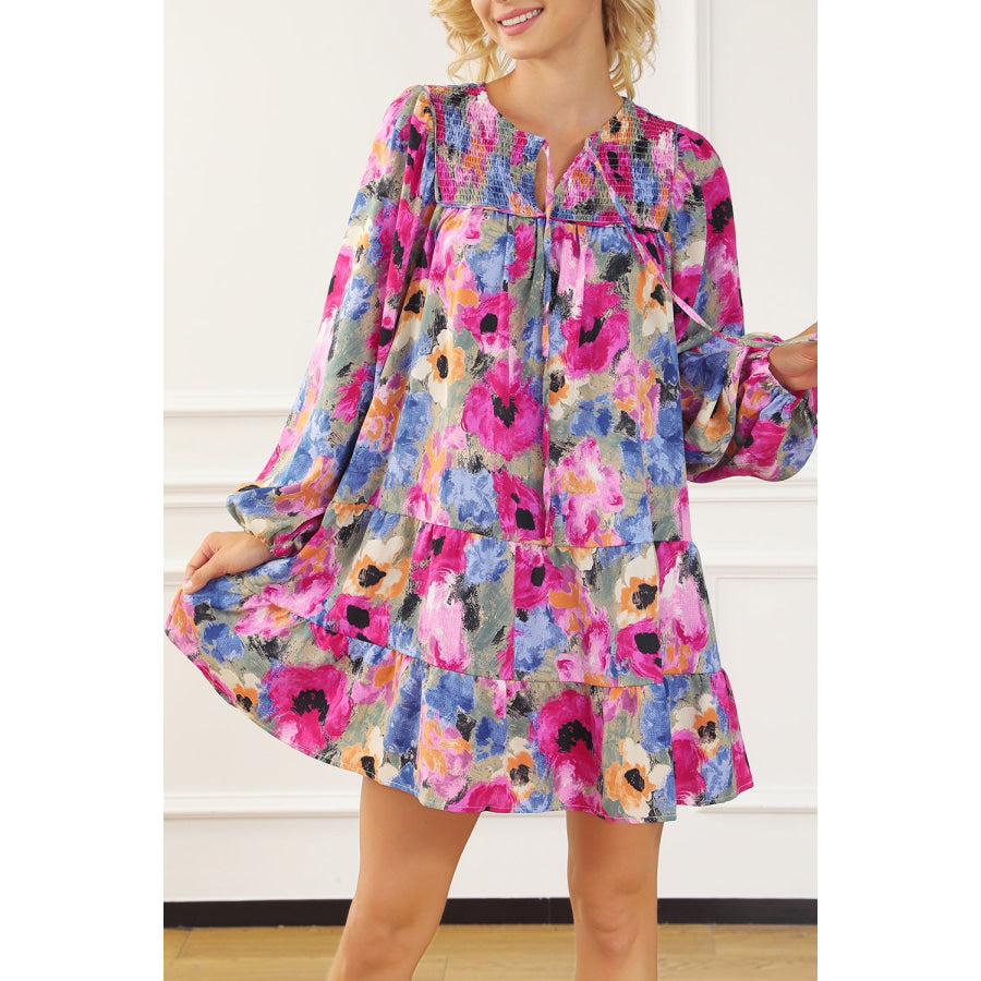 Printed Tie Neck Long Sleeve Mini Dress Multicolor / S Apparel and Accessories
