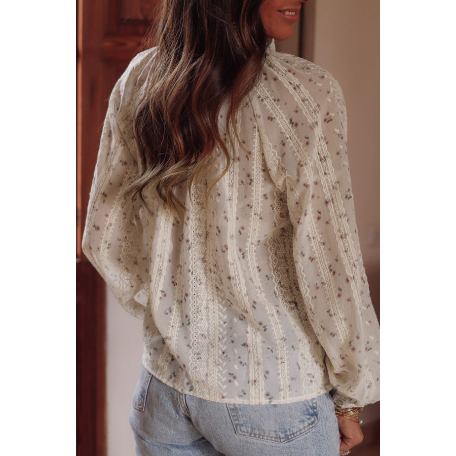 Printed Tie Neck Long Sleeve Shirt Beige / S Apparel and Accessories
