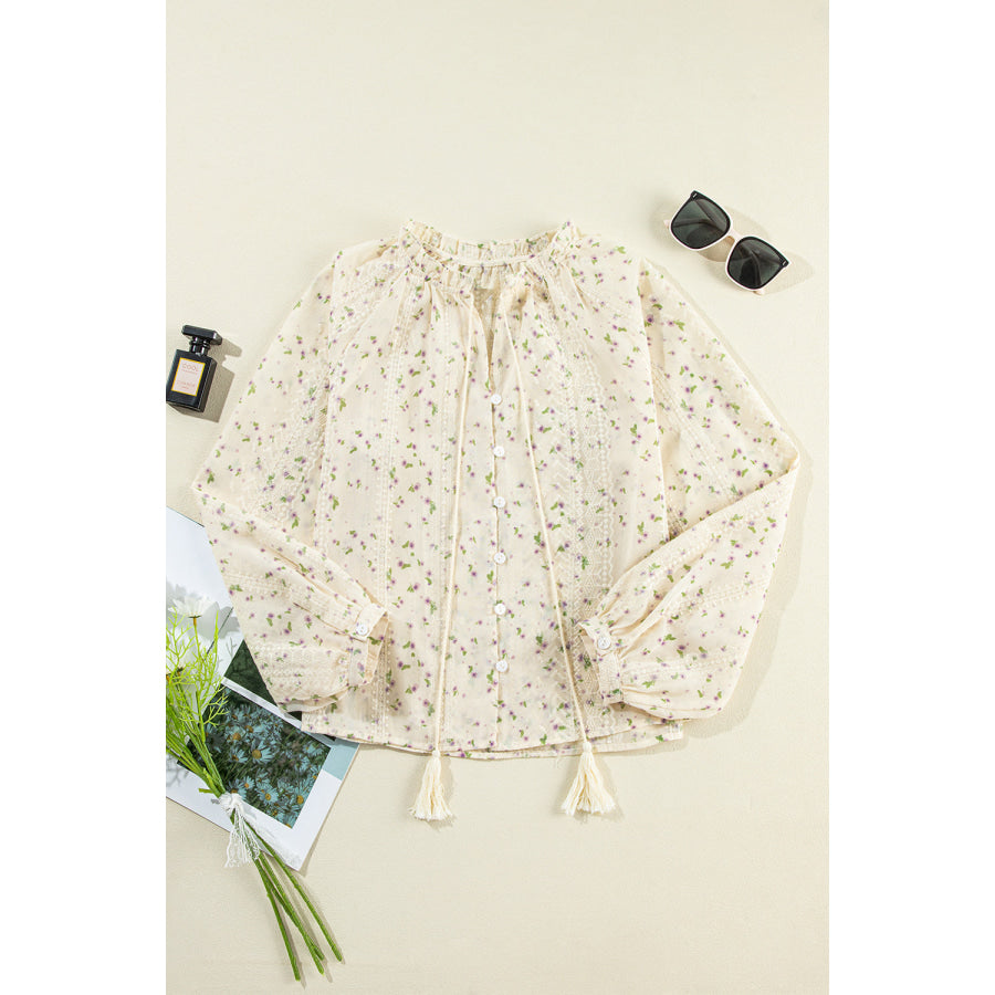 Printed Tie Neck Long Sleeve Shirt Apparel and Accessories