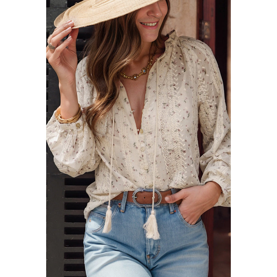 Printed Tie Neck Long Sleeve Shirt Beige / S Apparel and Accessories