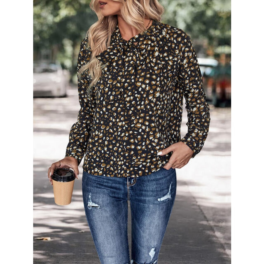 Printed Tie Neck Long Sleeve Top Black / S Clothing