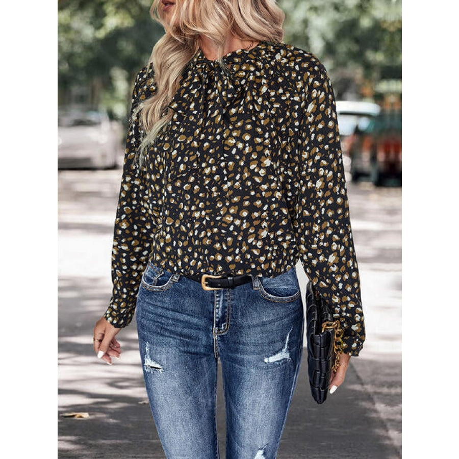 Printed Tie Neck Long Sleeve Top Clothing