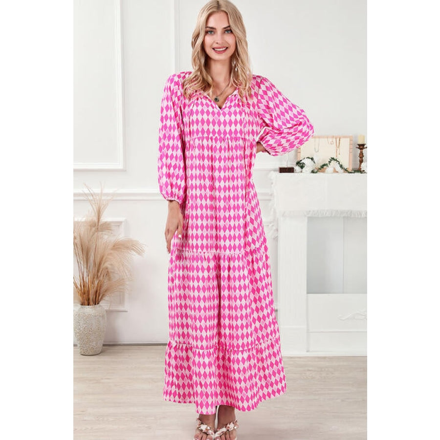 Printed Tie Neck Maxi Dress Fuchsia Pink / S Clothing