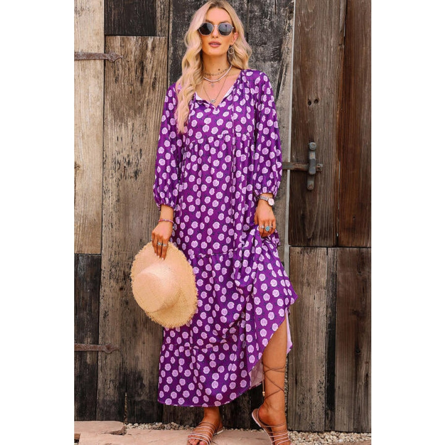 Printed Tie Neck Maxi Dress Purple / S Clothing