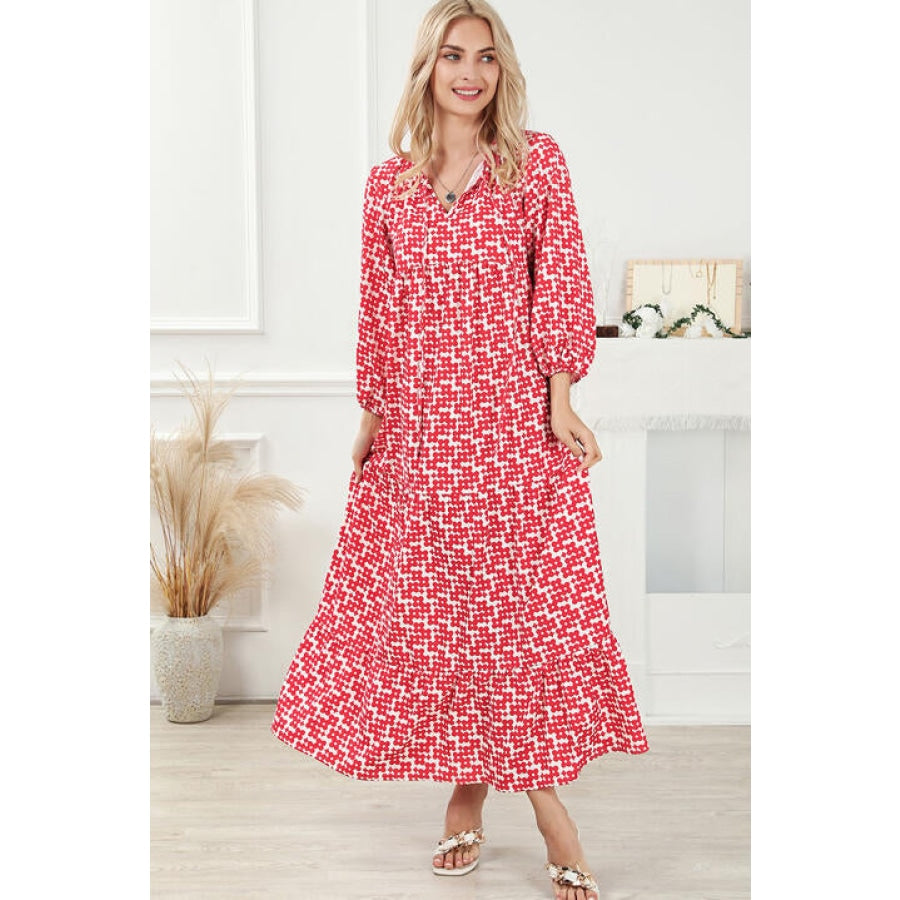 Printed Tie Neck Maxi Dress Red / S Clothing
