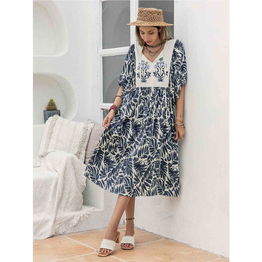 Printed Tie Neck Midi Dress Navy / S