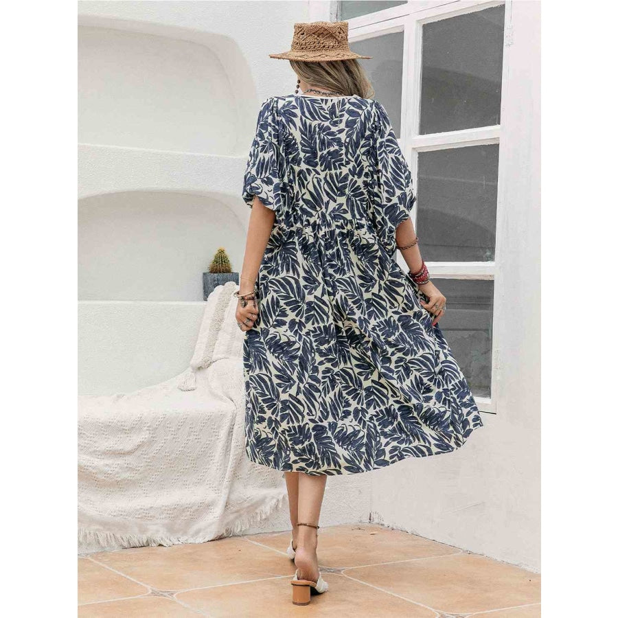 Printed Tie Neck Midi Dress Navy / S