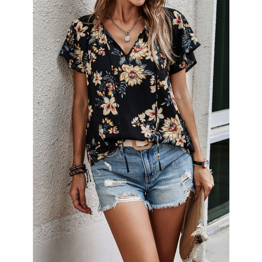 Printed Tie Neck Short Sleeve Blouse Apparel and Accessories