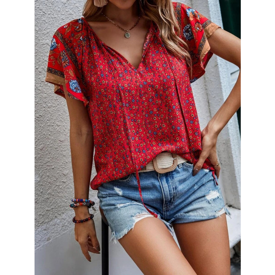 Printed Tie Neck Short Sleeve Blouse Apparel and Accessories