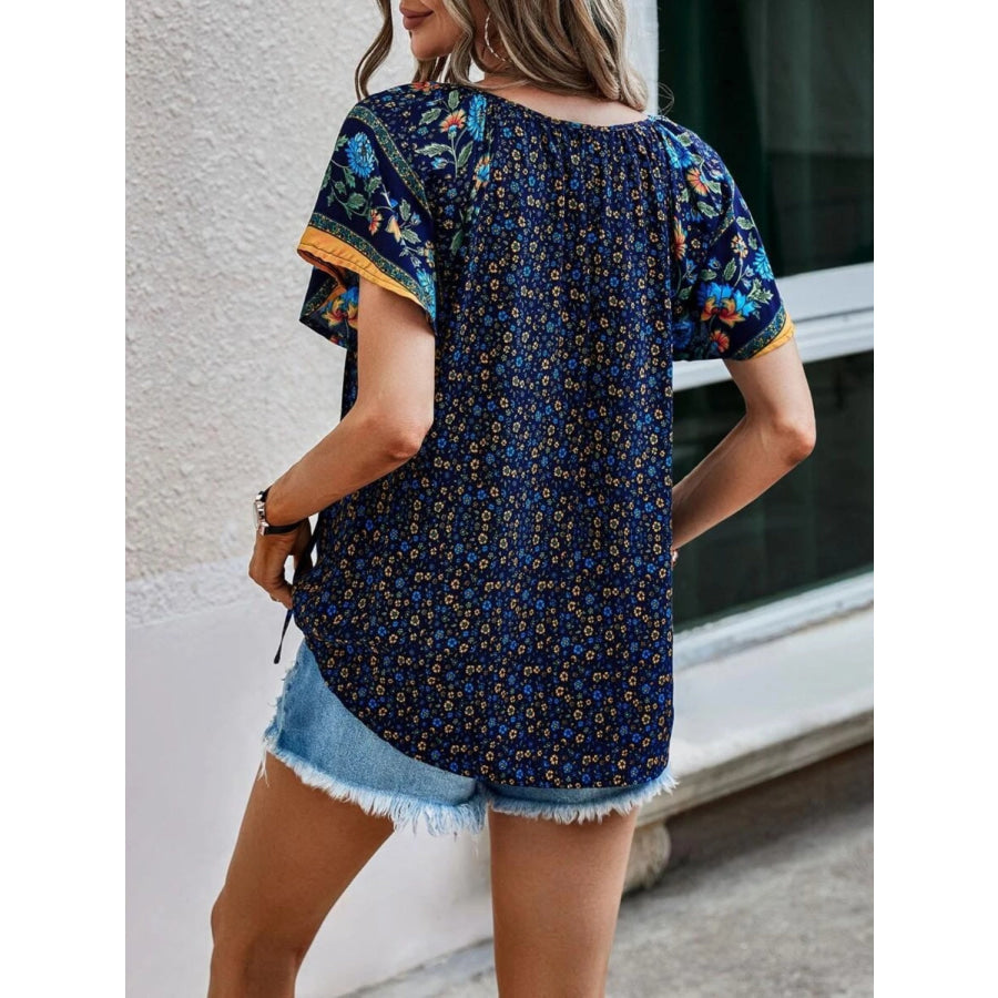 Printed Tie Neck Short Sleeve Blouse Apparel and Accessories