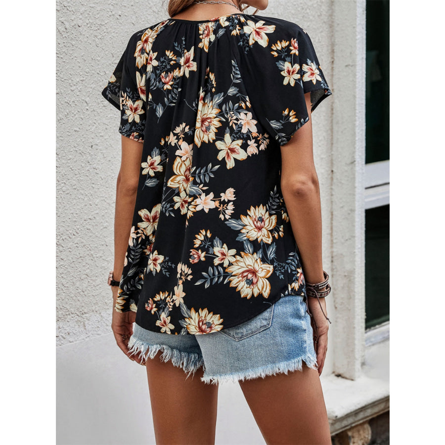 Printed Tie Neck Short Sleeve Blouse Apparel and Accessories