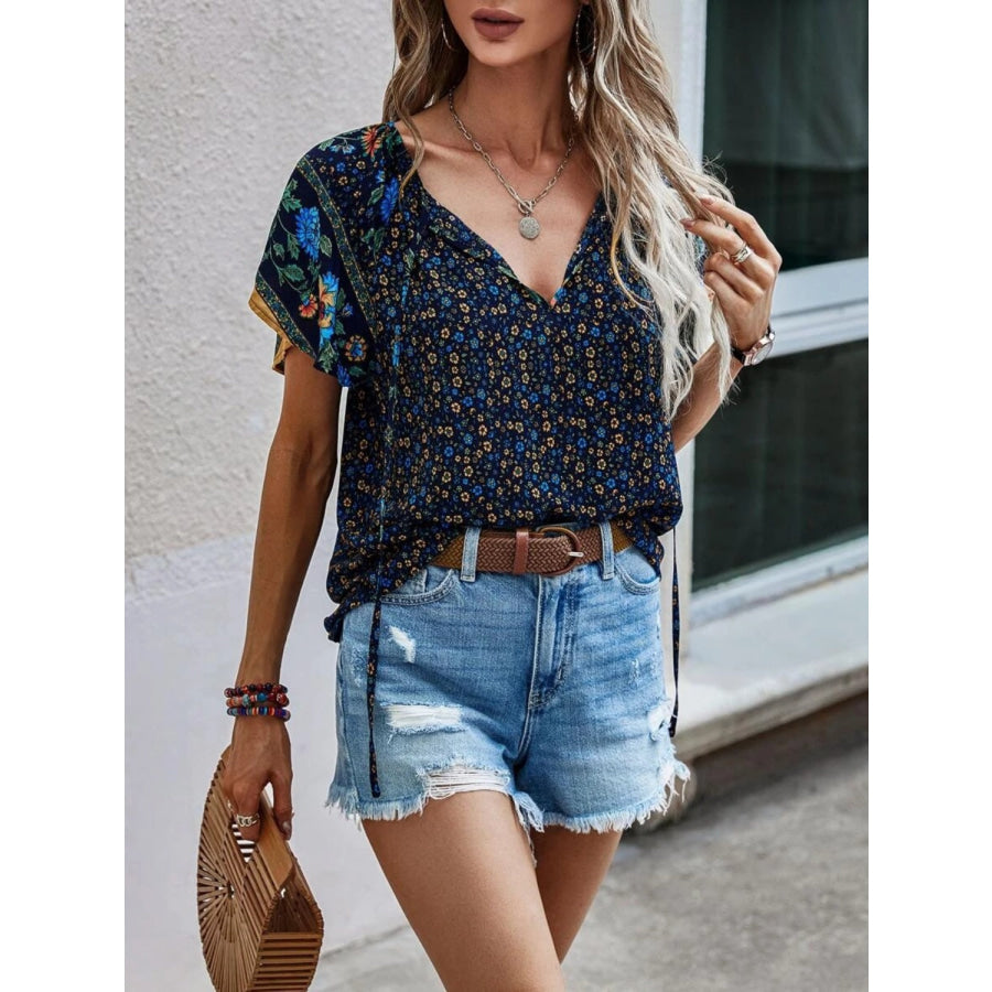 Printed Tie Neck Short Sleeve Blouse Apparel and Accessories