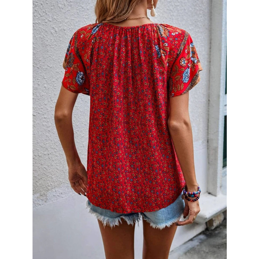 Printed Tie Neck Short Sleeve Blouse Apparel and Accessories