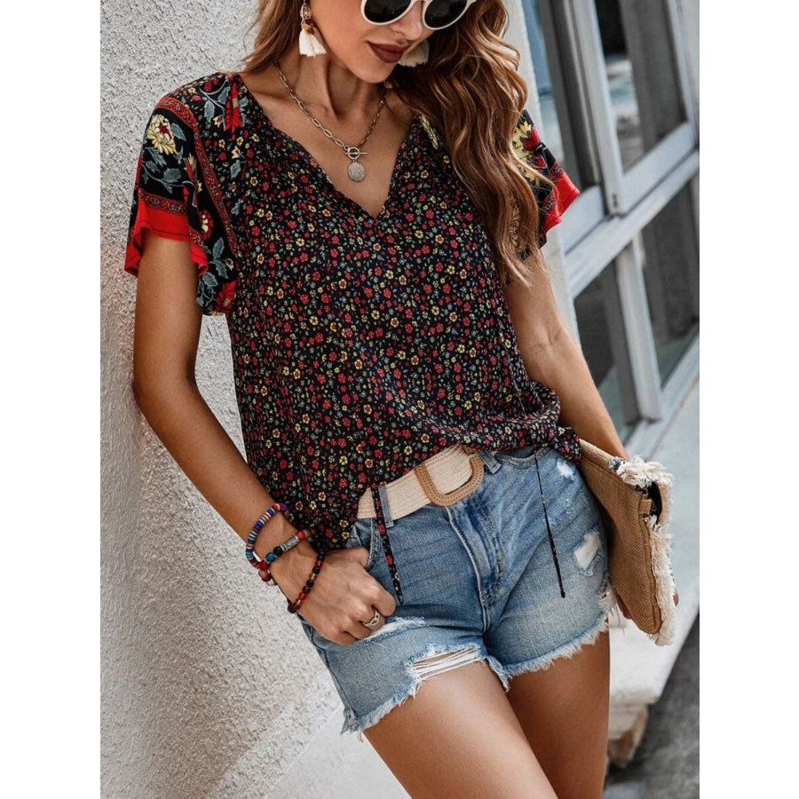 Printed Tie Neck Short Sleeve Blouse Apparel and Accessories