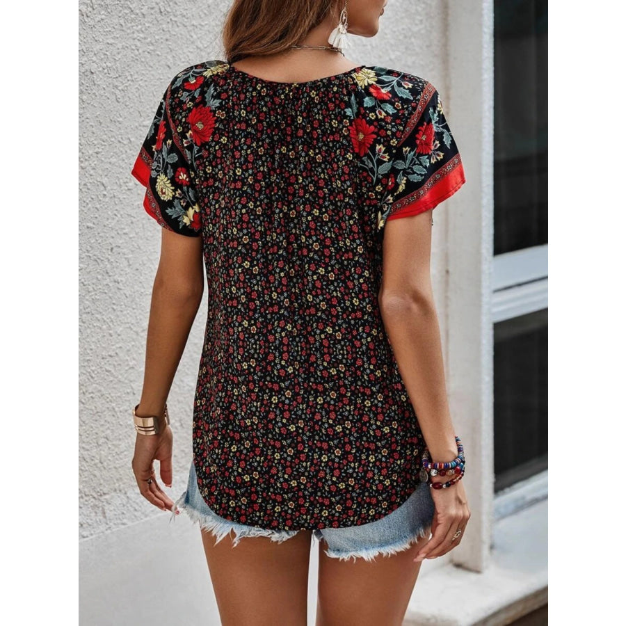 Printed Tie Neck Short Sleeve Blouse Apparel and Accessories