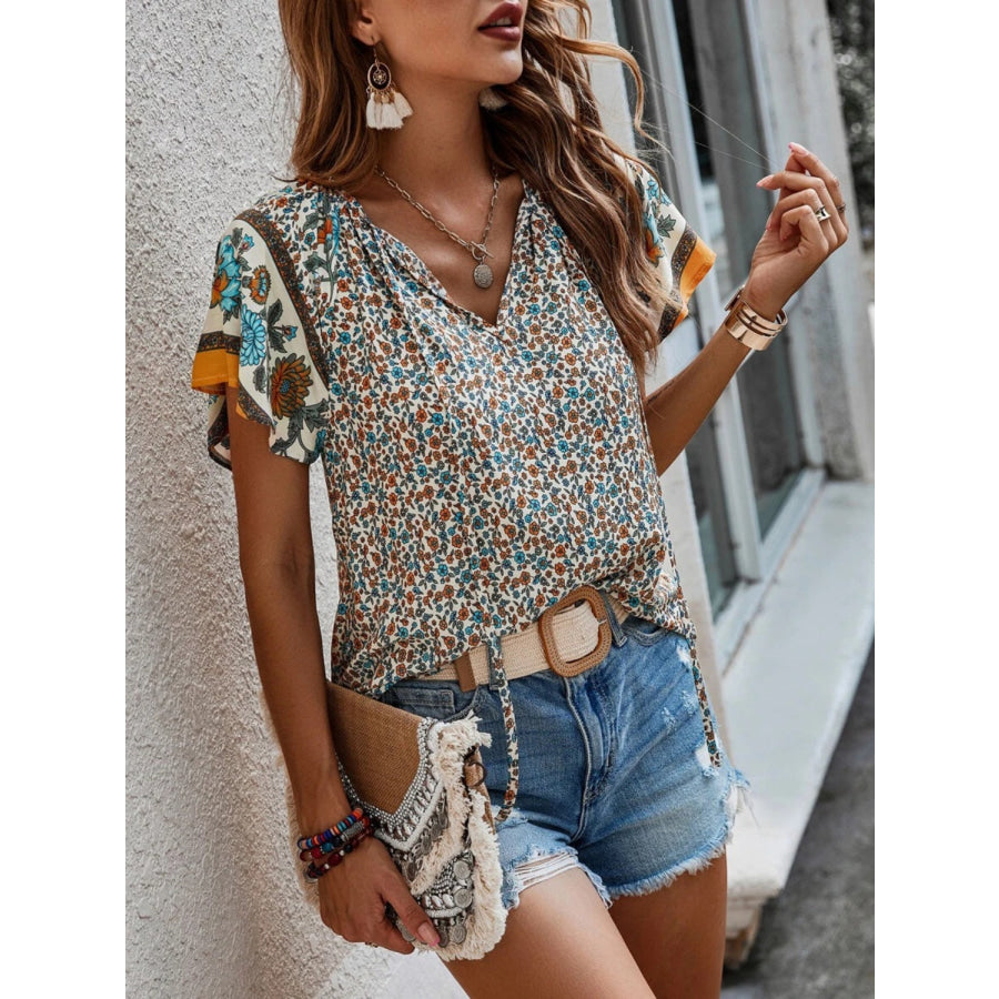 Printed Tie Neck Short Sleeve Blouse Apparel and Accessories