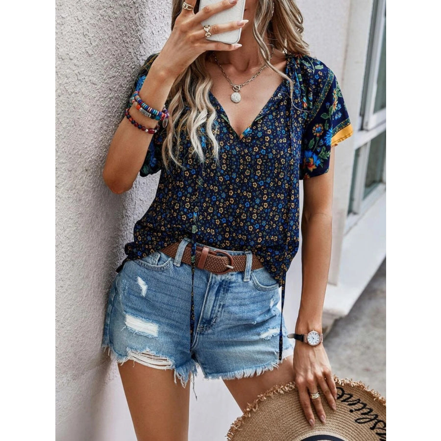 Printed Tie Neck Short Sleeve Blouse Apparel and Accessories