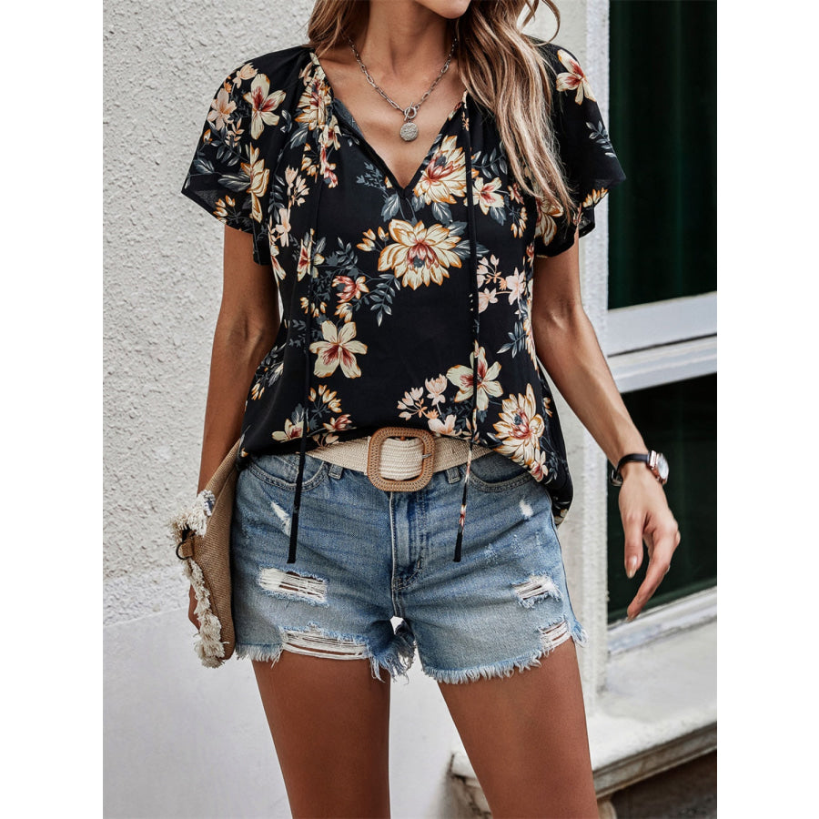 Printed Tie Neck Short Sleeve Blouse Black / S Apparel and Accessories