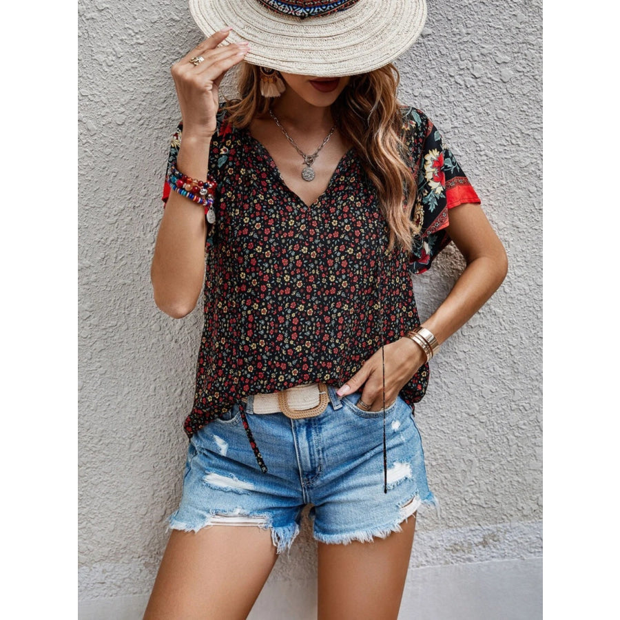 Printed Tie Neck Short Sleeve Blouse Chocolate / S Apparel and Accessories