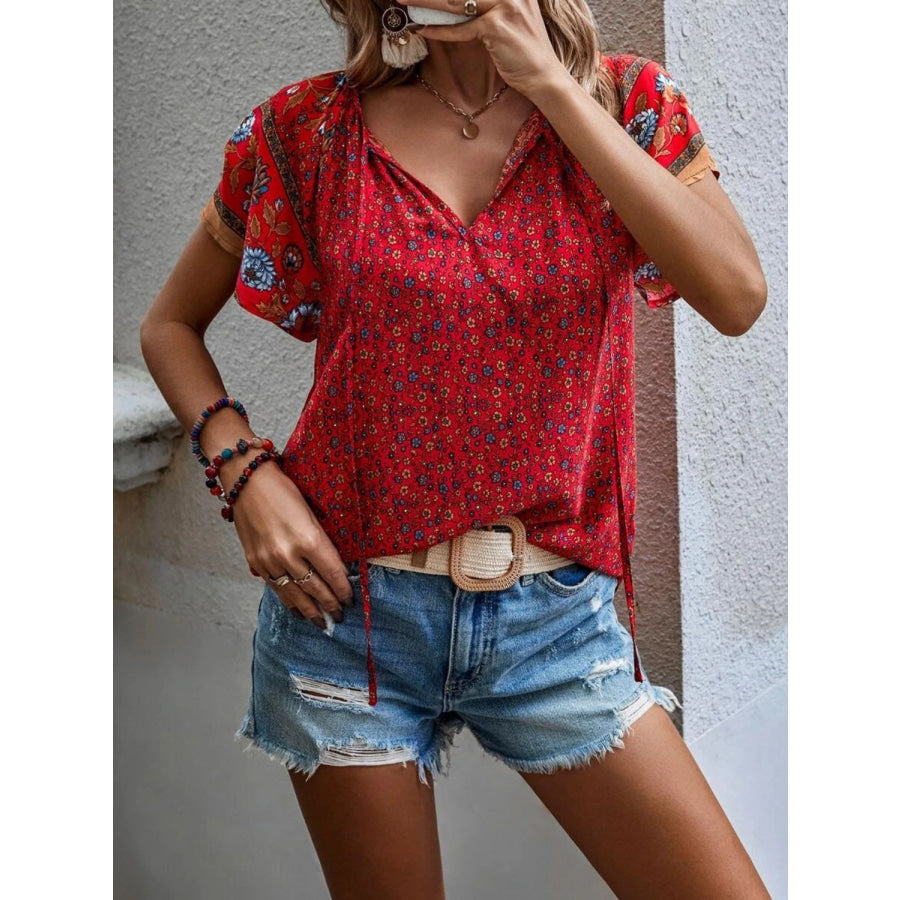 Printed Tie Neck Short Sleeve Blouse Deep Red / S Apparel and Accessories