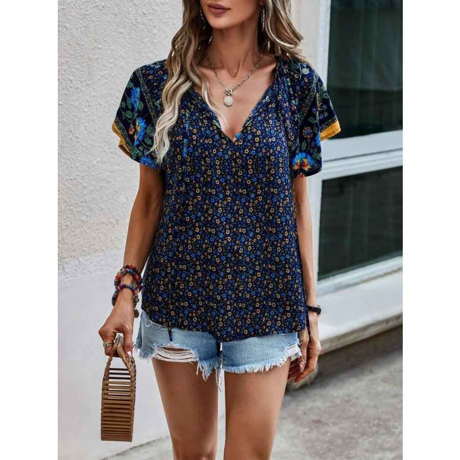 Printed Tie Neck Short Sleeve Blouse Navy / S Apparel and Accessories