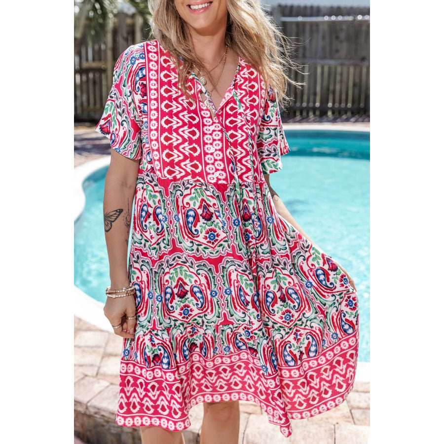 Printed Tie Neck Short Sleeve Dress Apparel and Accessories