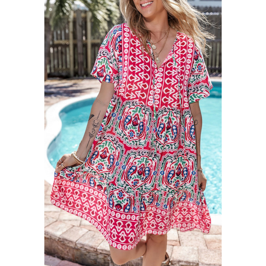 Printed Tie Neck Short Sleeve Dress Apparel and Accessories