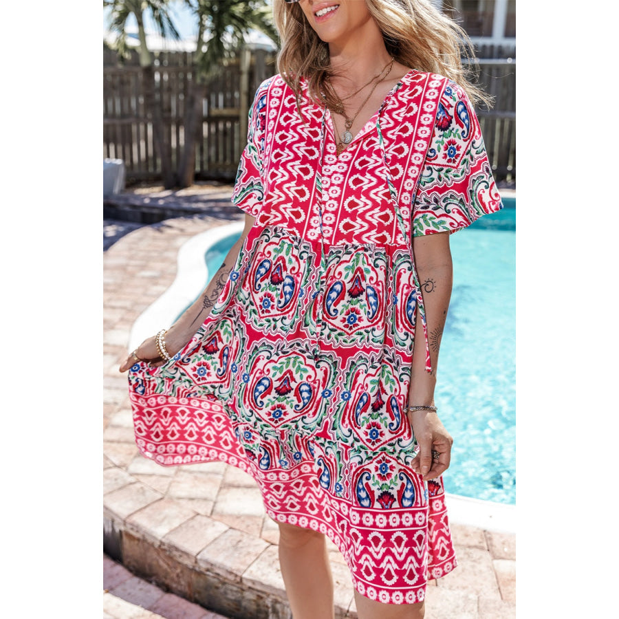 Printed Tie Neck Short Sleeve Dress Apparel and Accessories