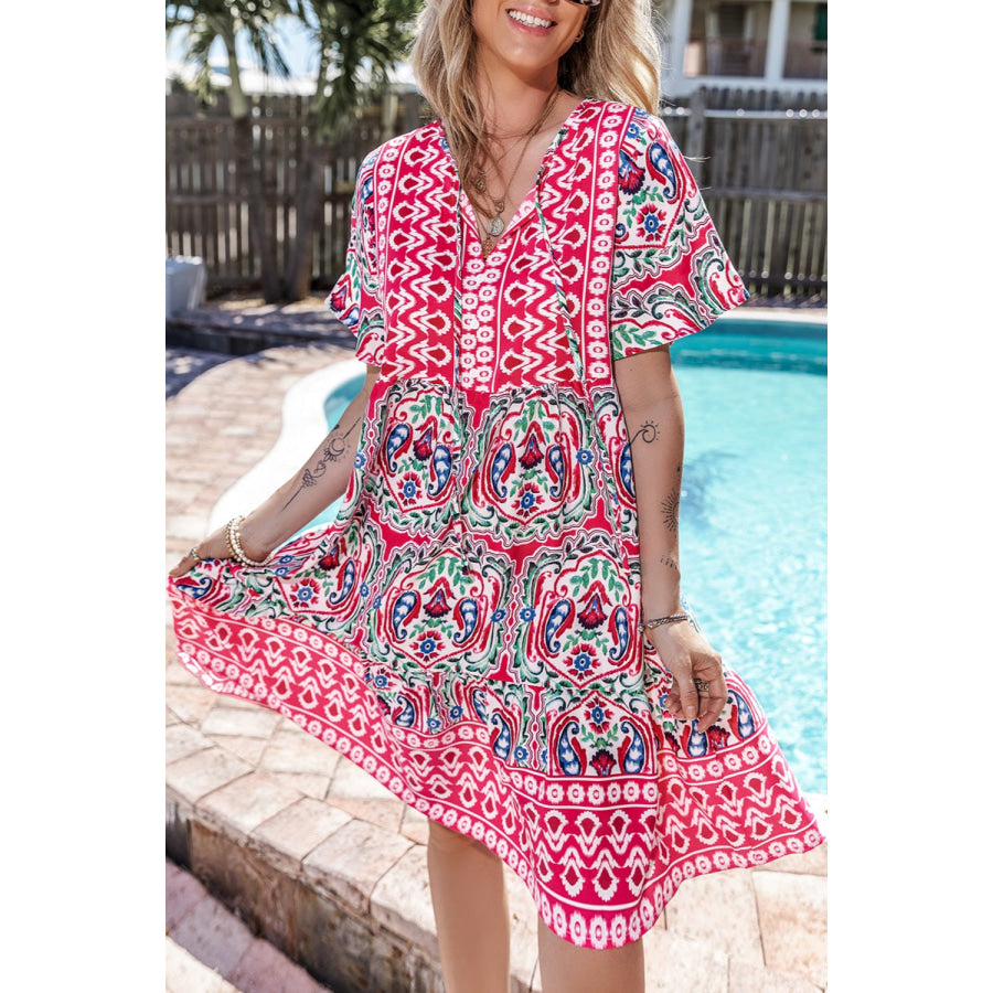 Printed Tie Neck Short Sleeve Dress Fuchsia Pink / S Apparel and Accessories