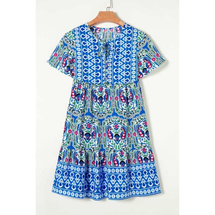 Printed Tie Neck Short Sleeve Dress Peacock Blue / XL Apparel and Accessories