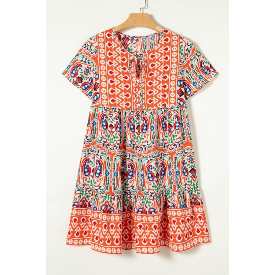 Printed Tie Neck Short Sleeve Dress Pumpkin / L Apparel and Accessories