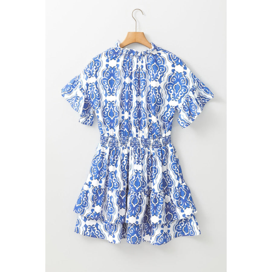 Printed Tie Neck Short Sleeve Mini Dress Apparel and Accessories