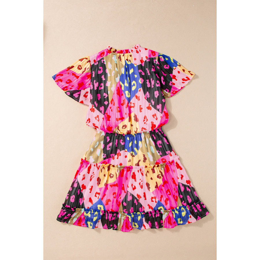 Printed Tie Neck Short Sleeve Mini Dress Apparel and Accessories