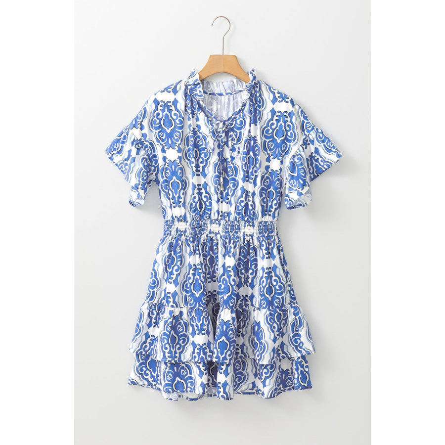 Printed Tie Neck Short Sleeve Mini Dress Apparel and Accessories