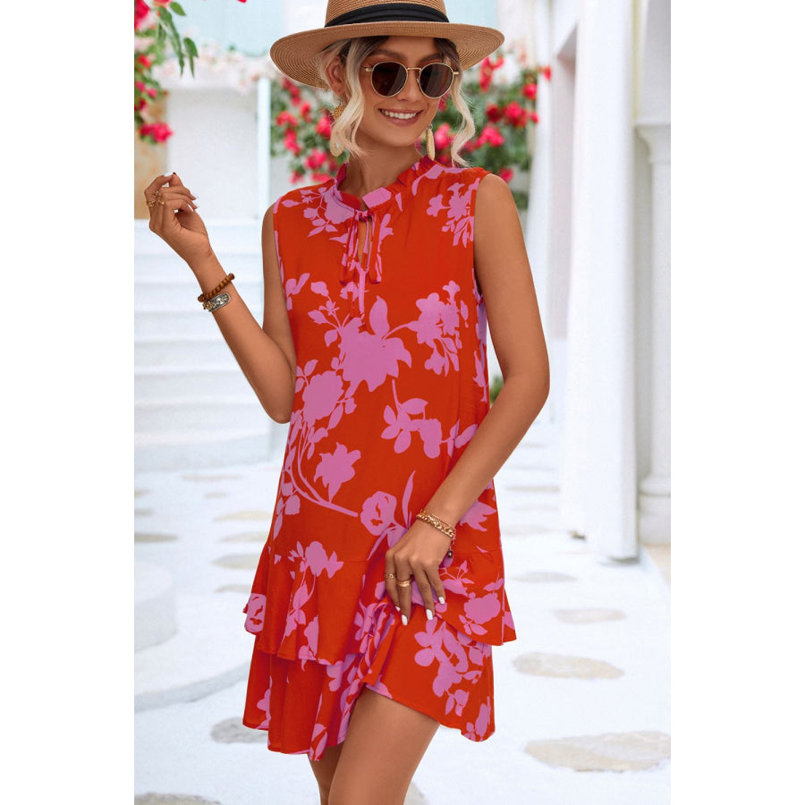 Printed Tie Neck Sleeveless Dress Apparel and Accessories