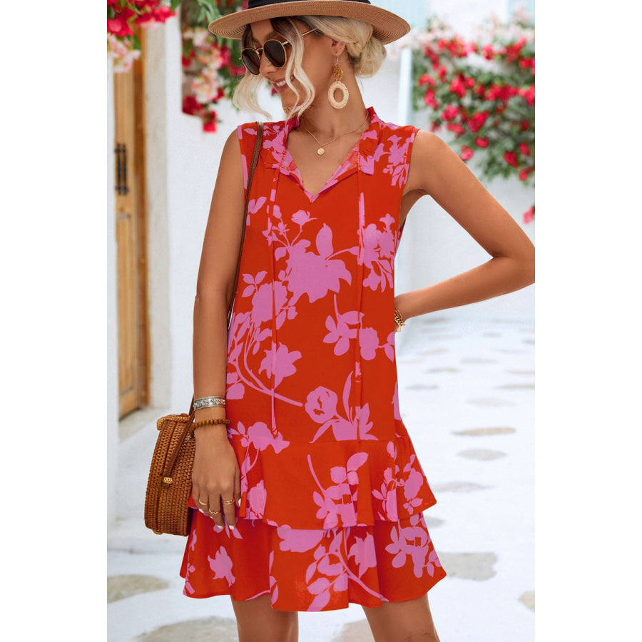 Printed Tie Neck Sleeveless Dress Apparel and Accessories