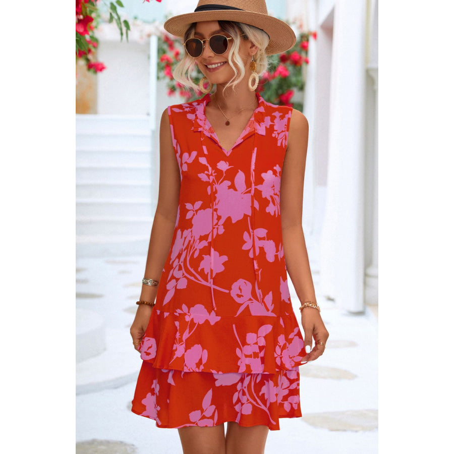 Printed Tie Neck Sleeveless Dress Deep Red / S Apparel and Accessories