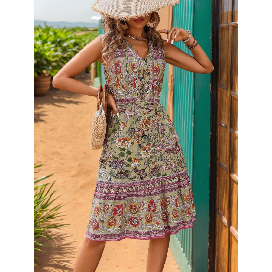 Printed Tie Neck Sleeveless Dress Multicolor / S Apparel and Accessories