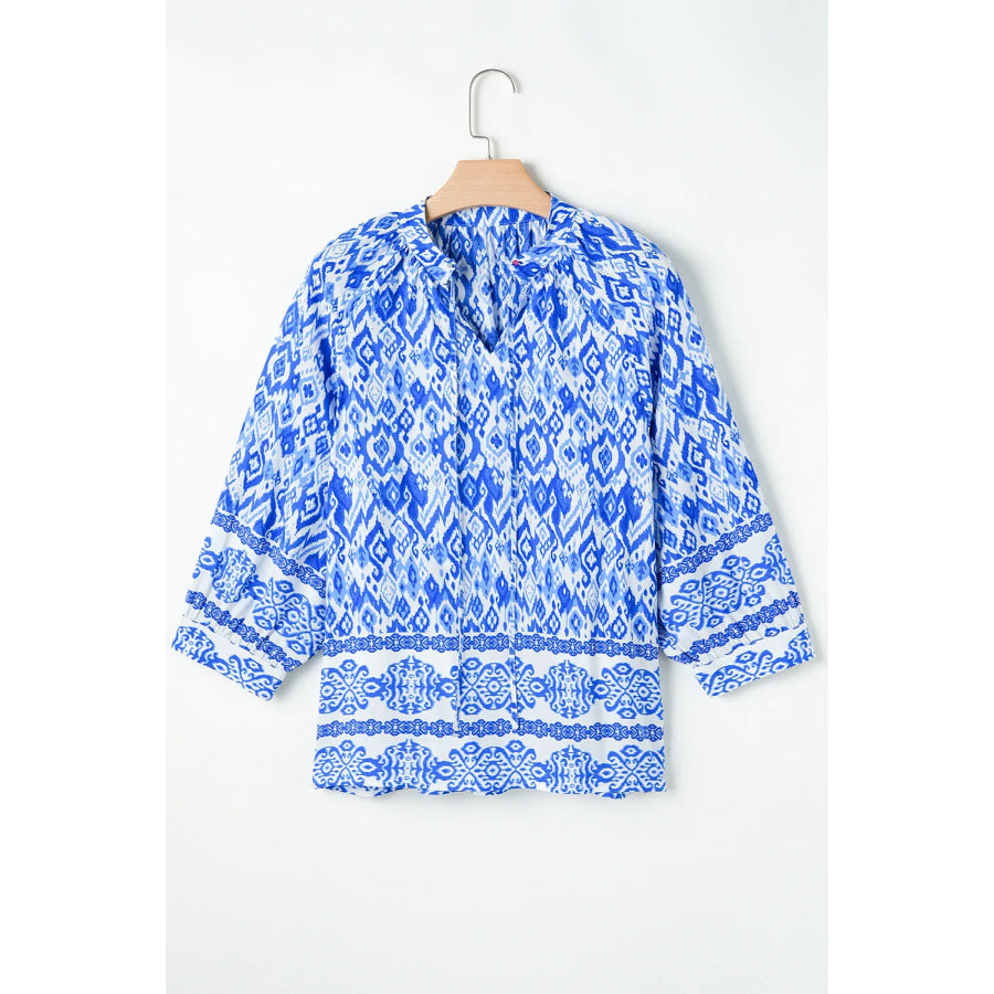 Printed Tie Neck Three-Quarter Sleeve Blouse Apparel and Accessories