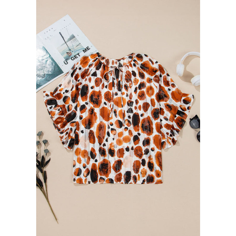 Printed Tie Neck Three-Quarter Sleeve Blouse Apparel and Accessories