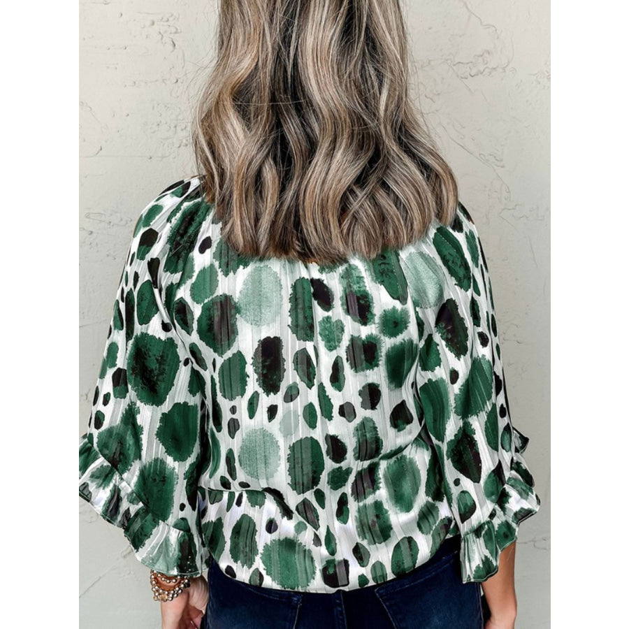 Printed Tie Neck Three-Quarter Sleeve Blouse Dark Green / S Apparel and Accessories