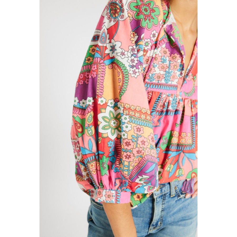 Printed Tie Neck Three-Quarter Sleeve Blouse Apparel and Accessories